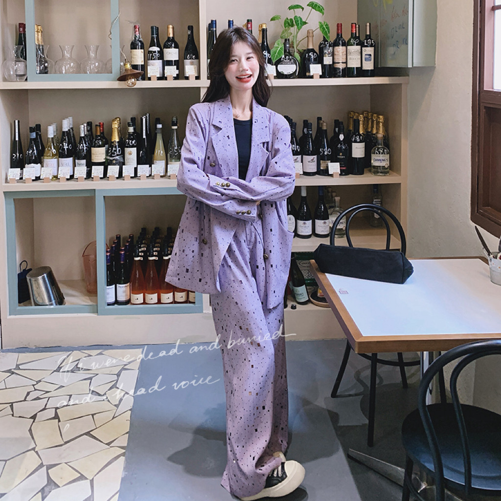 镂空紫色西装套装女春秋高级感搭配一整套西服两件套盐系又a又飒图片