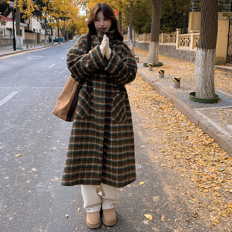 韩版中长款过膝格纹毛呢大衣女2025冬季新款休闲加厚显瘦呢子外套,女装毛呢外套,浙宝265