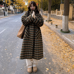 韩版中长款过膝格纹毛呢大衣女2025冬季新款休闲加厚显瘦呢子外套图片