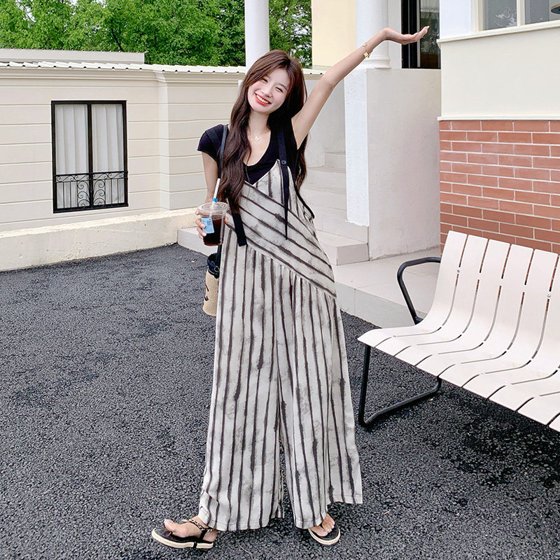 晕染条纹V领吊带连体裤女夏季宽松休闲慵懒风oversize背带阔腿裤,女装连体裤,浙宝265