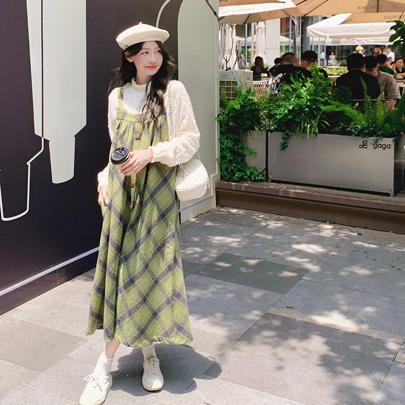 绿色格纹背带裙蕾丝套装女2025春秋季新款学院风显瘦连衣裙两件套,女装套装/套裙,浙宝265