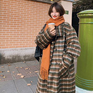 韩版中长款过膝格纹毛呢大衣女2025冬季新款休闲加厚显瘦呢子外套图片