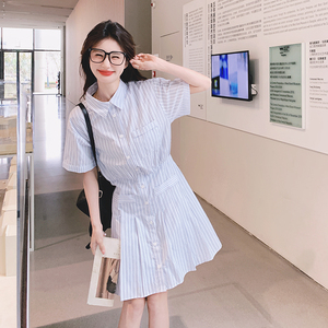 韩版学院风条纹衬衫连衣裙女2025夏季新款法式收腰显瘦Polo领短裙