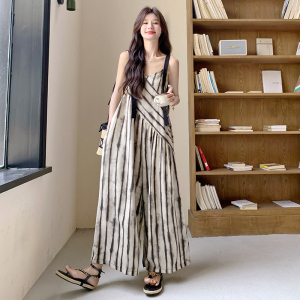 晕染条纹V领吊带连体裤女夏季宽松休闲慵懒风oversize背带阔腿裤图片