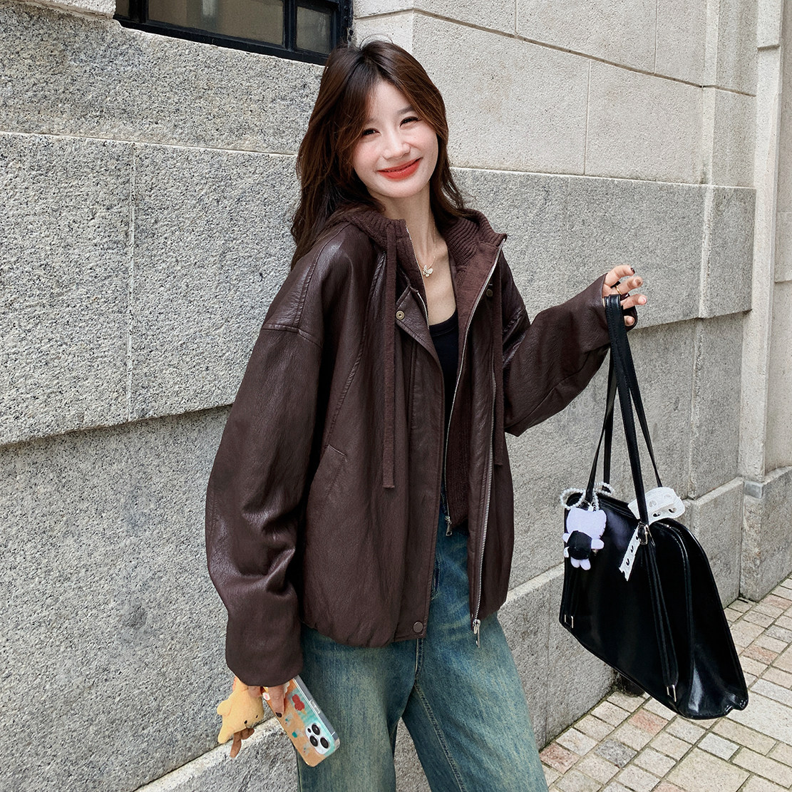 7976皮衣拼接针织连帽外套P185控278,女装皮衣,浙宝265