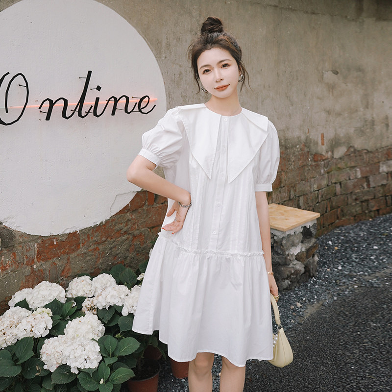 法式白色短袖连衣裙女2025夏季新款高级感不规则宽松显瘦衬衫裙子,女装连衣裙,浙宝265