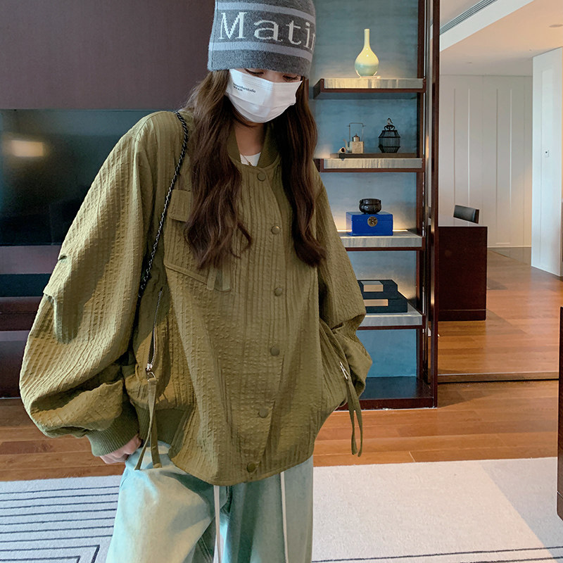韩版时尚肌理感棒球服外套女2025春秋季新款宽松显瘦休闲夹克上衣图片