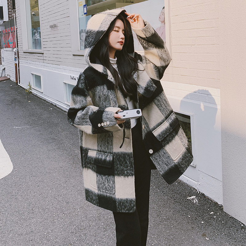 黑色设计感格子毛呢外套女2023秋冬新款韩版高级气质西装式呢大衣图片