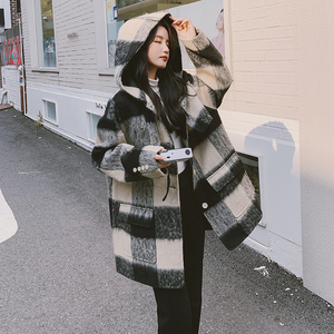 黑色设计感格子毛呢外套女2023秋冬新款韩版高级气质西装式呢大衣图片