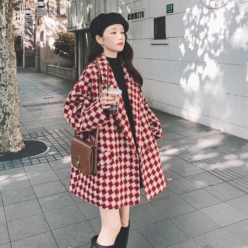 红色格子西装毛呢外套女小个子2023秋冬新款韩版宽松气质呢子大衣图片