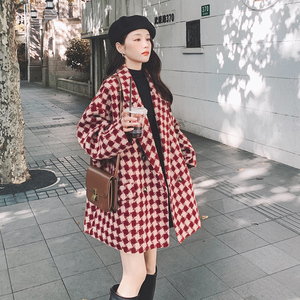 红色格子西装毛呢外套女小个子2023秋冬新款韩版宽松气质呢子大衣图片