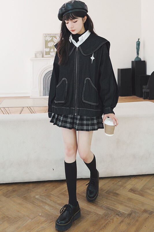 刺绣大翻领学院风短款牛仔外套8038P130控价188,女装短外套,浙宝265