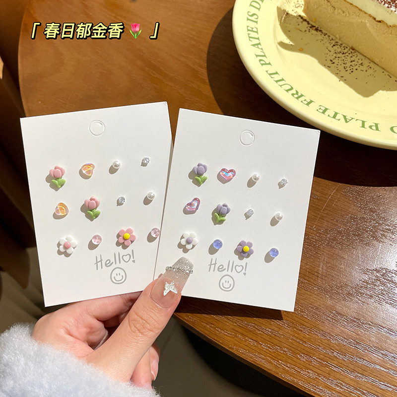 S925银春日郁金香陶瓷小耳钉组合套装可爱少女小巧精致糖果耳环