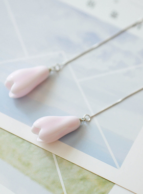 925银陶瓷淡粉花朵耳环 长款气质甜美玉兰花耳链 民族风耳线 饰品