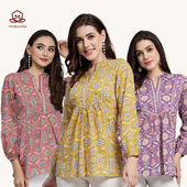 纯棉春夏黄色新款 上衣服装 民族风透气薄印花立领短款 印度进口女装