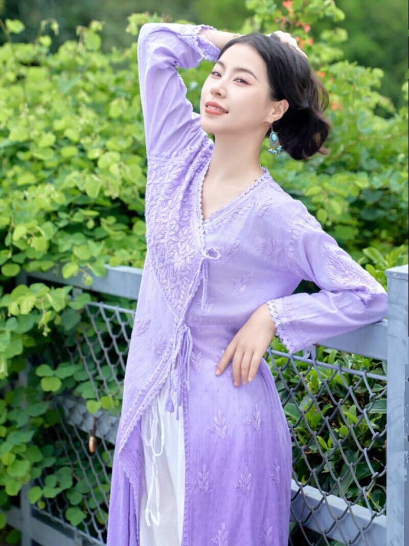 B1-1-2 INDIAN IMPORTED ETHNIC STYLE WOMENS MID-LENGTH COTTON GRADIENT PURPLE HAND-EMBROIDERED THIN TOP