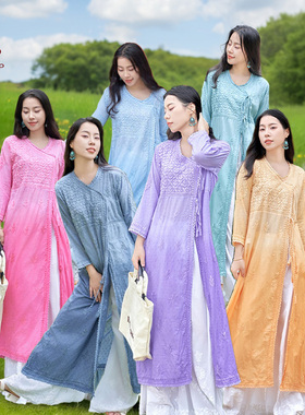 B1-1-2印度进口民族风女装中长款纯棉渐变色紫色手工刺绣薄款上衣