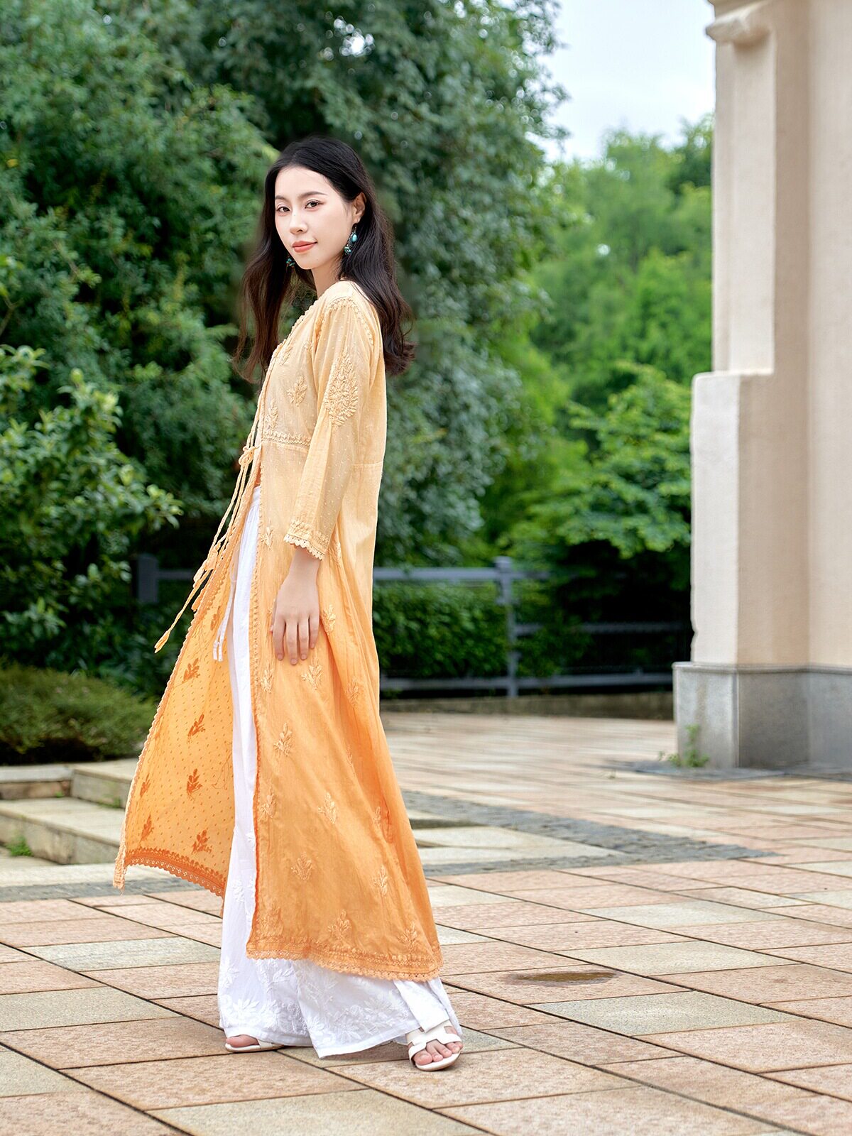 B1-1-2 INDIAN CLOTHING IMPORTED ETHNIC STYLE MID-LENGTH COTTON GRADIENT YELLOW HAND-EMBROIDERED THIN TOP IS BREATHABLE