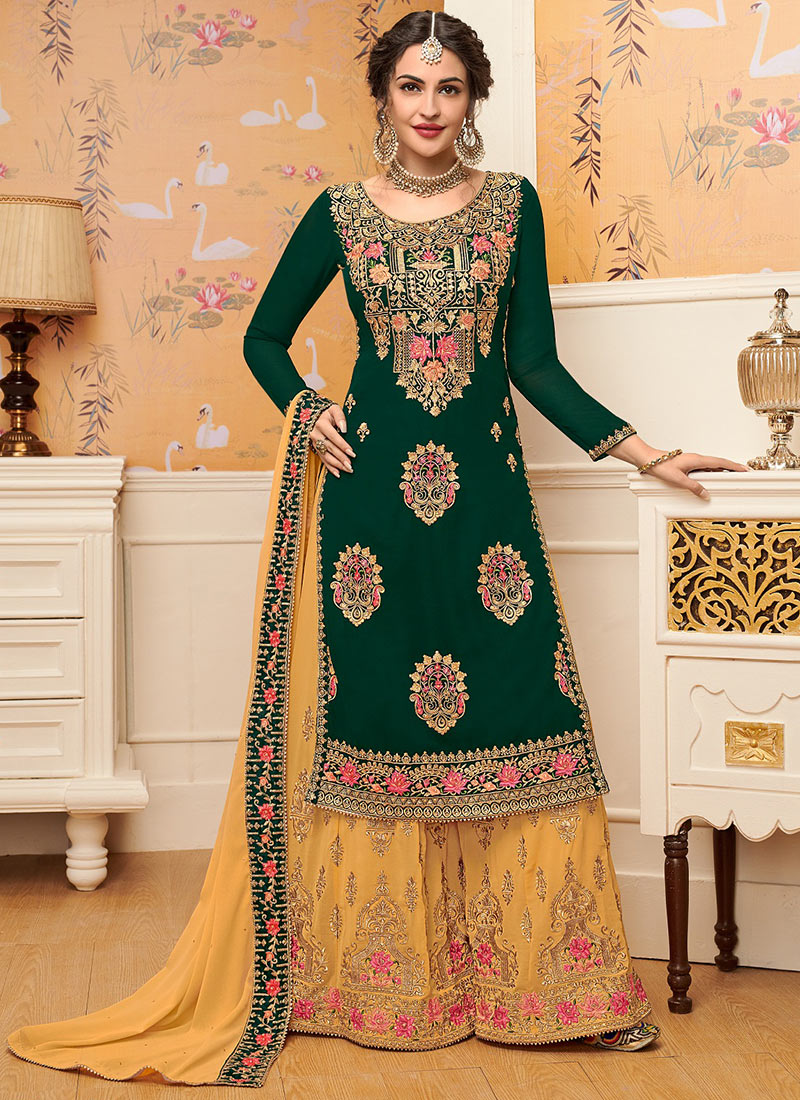 印度乔其纱旁遮比墨绿色三件套