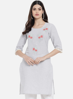 A7-1-2印度服饰女刺绣民族风上衣中长款七分袖薄款棉麻  灰白色