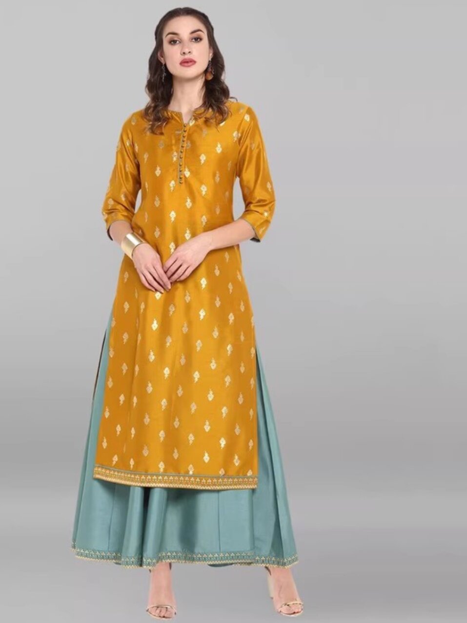 C2-1-4 INDIAN IMPORTED ETHNIC STYLE WOMENS CLOTHING PRINTED THREE-QUARTER SLEEVE PULLOVER ROUND NECK DRAPE TWO-PIECE SET LONG YELLOW