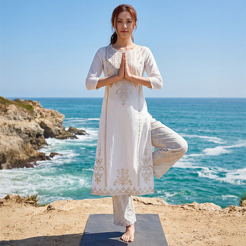印度瑜伽服棉麻印花禅韵禅修服外穿松弛感新款舒适气质白色中长款