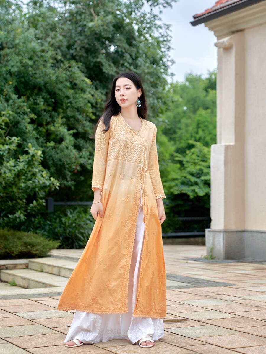 B1-1-2 INDIAN CLOTHING IMPORTED ETHNIC STYLE MID-LENGTH COTTON GRADIENT YELLOW HAND-EMBROIDERED THIN TOP IS BREATHABLE