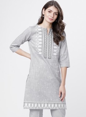 A4-1-2印度进口民族风女装印花圆领服饰中长款上衣棉灰色七分袖