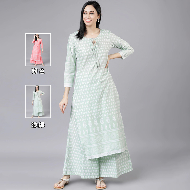 印度进口服饰女传统旁遮比2件套休闲宽松日常装 棉 浅绿色