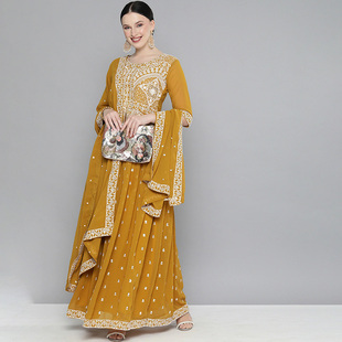 印度特色民族风服饰旁遮比3件套乔其纱手工刺绣亮片套装 姜黄色