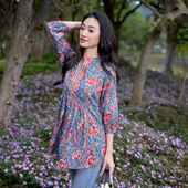 库塔 V领薄款 印度进口民族服饰女纯棉手工拓印短款 七分袖