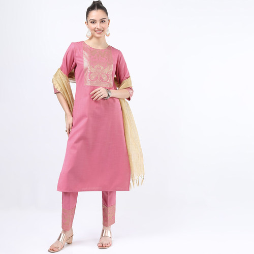 印度女装进口印巴风情粉色中长款七分袖棉混纺薄款烫金印花三件套