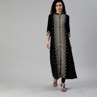 长袍立领上衣黑色 棉质薄款 印度女装 成人气质进口民族风服饰中长款