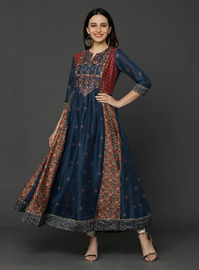 野人小饰 印度传统民族风印花绣花长款连衣裙 深蓝色气质复古