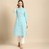 休闲蓝色七分袖 新款 上衣 进口民族风纯棉印花立领中长款 印度服装