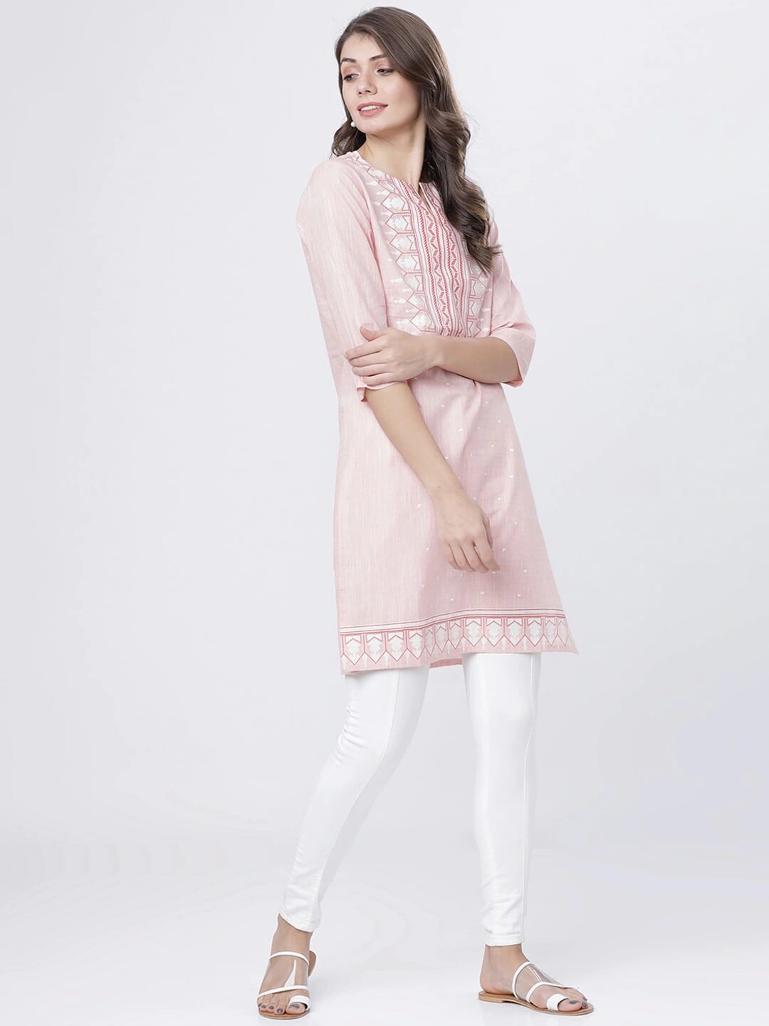 A4-1-4 INDIA IMPORTED ETHNIC STYLE WOMENS CLOTHING PRINTED EVERYDAY WEAR MIDI TOP COTTON PINK TRIPLE SLEEVE