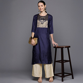印巴风情 圆领蓝色宽松薄款 印度进口女装 上衣提花工艺丝混纺中长款