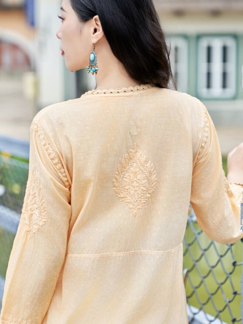 B1-1-2 INDIAN CLOTHING IMPORTED ETHNIC STYLE MID-LENGTH COTTON GRADIENT YELLOW HAND-EMBROIDERED THIN TOP IS BREATHABLE