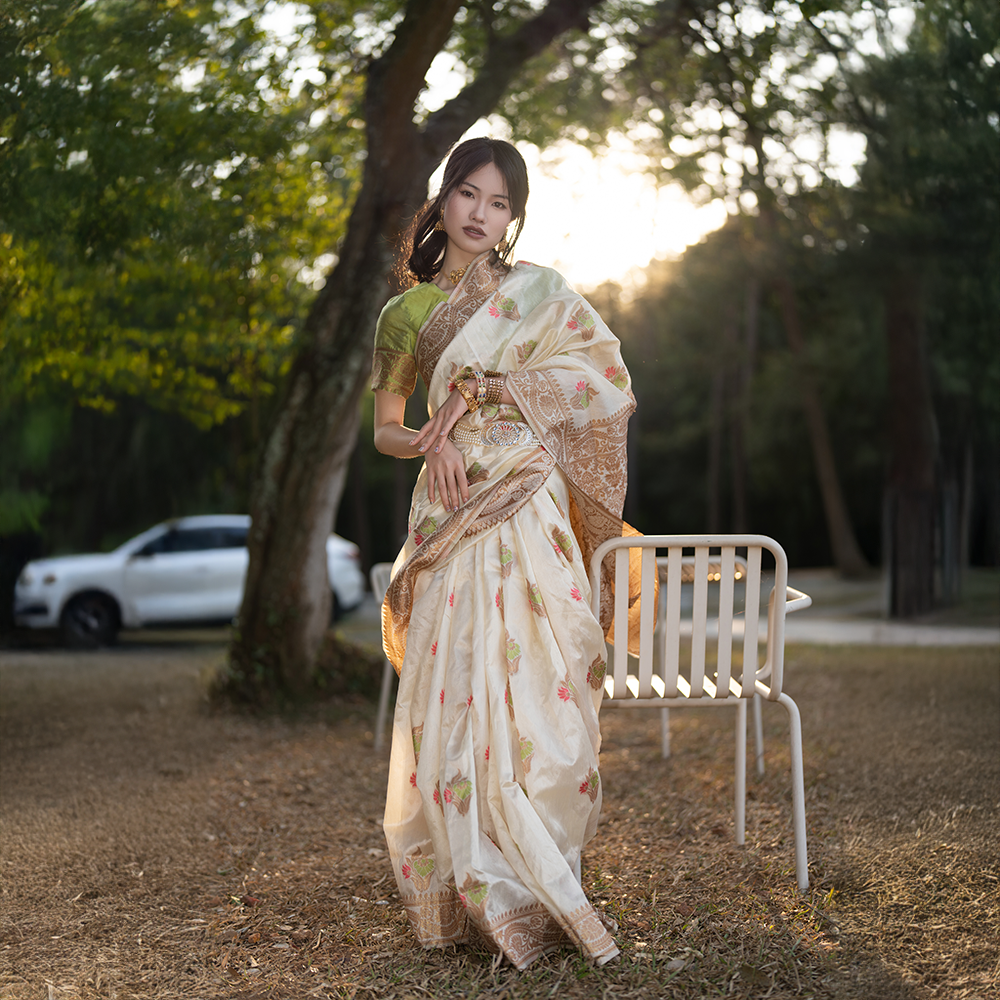 印度风进口服饰传统民族纱丽女气质修身显瘦礼服印度舞写真米白色