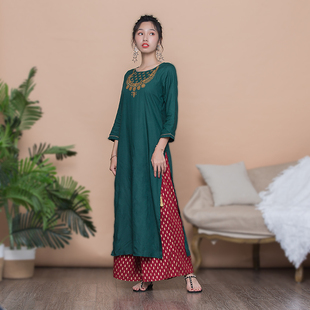 轻薄款 中长款 复古休闲舒适 墨绿色刺绣纯棉七分袖 印度民族风女装