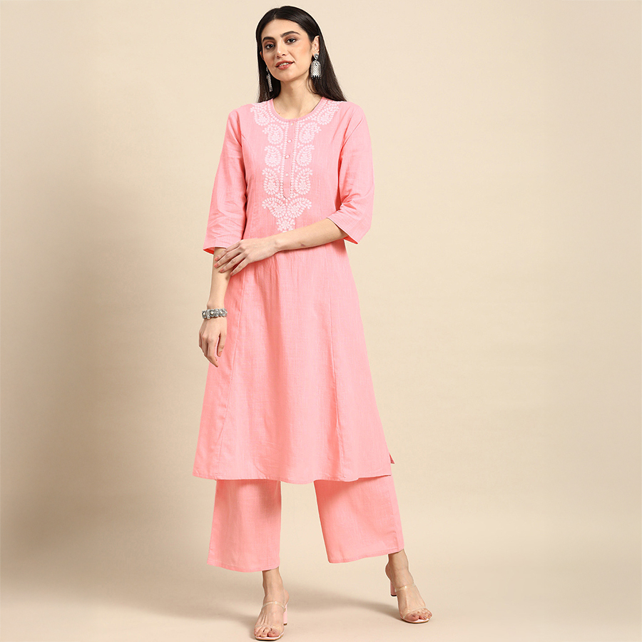 印度风传统服饰日常成人女装刺绣棉绸薄款圆领七分袖粉色两件套