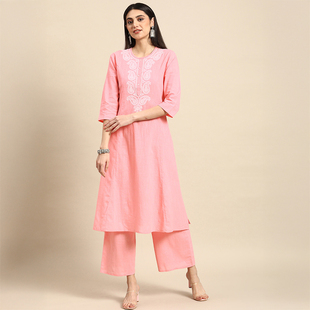 粉色两件套 圆领七分袖 印度风传统服饰日常成人女装 刺绣棉绸薄款