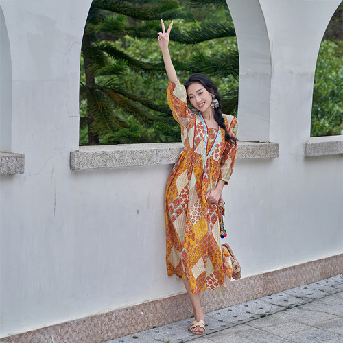 印度传统民族风连衣裙纯棉印花气质复古度假裙高腰长款早春新品