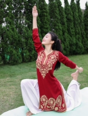 Одежда для йоги 印度瑜伽服套装女春季新款绵绸刺绣宽松瑜珈服禅修服中长款酒红色 1471879788