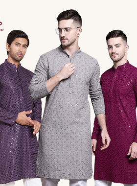印度传统服饰男装灰色纯棉亮片中长款套头立领七分袖上衣薄款长衫