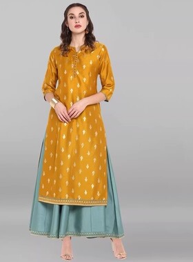 C2-1-4印度进口民族风女装印花七分袖套头圆领垂感两件套长款黄色