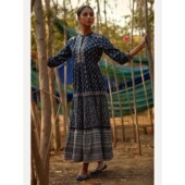 蛋糕裙摆新款 印度民族风连衣裙女深蓝印花春夏立领长款 纯棉七分袖