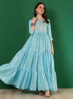 印度服饰休闲异域风情传统蓝色刺绣圆领七分袖优雅薄款纯棉连衣裙