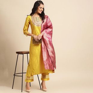 野人小饰 黄色 印度传统进口服饰女丝绵3件套刺绣民族风中长款