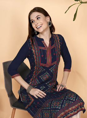 印度传统服饰新款异域风棉绸薄款日常气质成人印花七分袖蓝色上衣